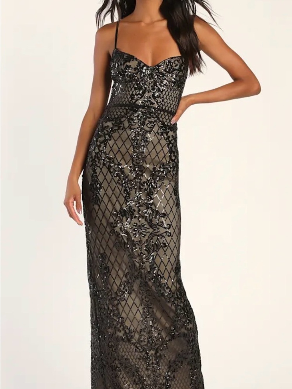 Lulu's Black Beaded Mesh Maxi Dress